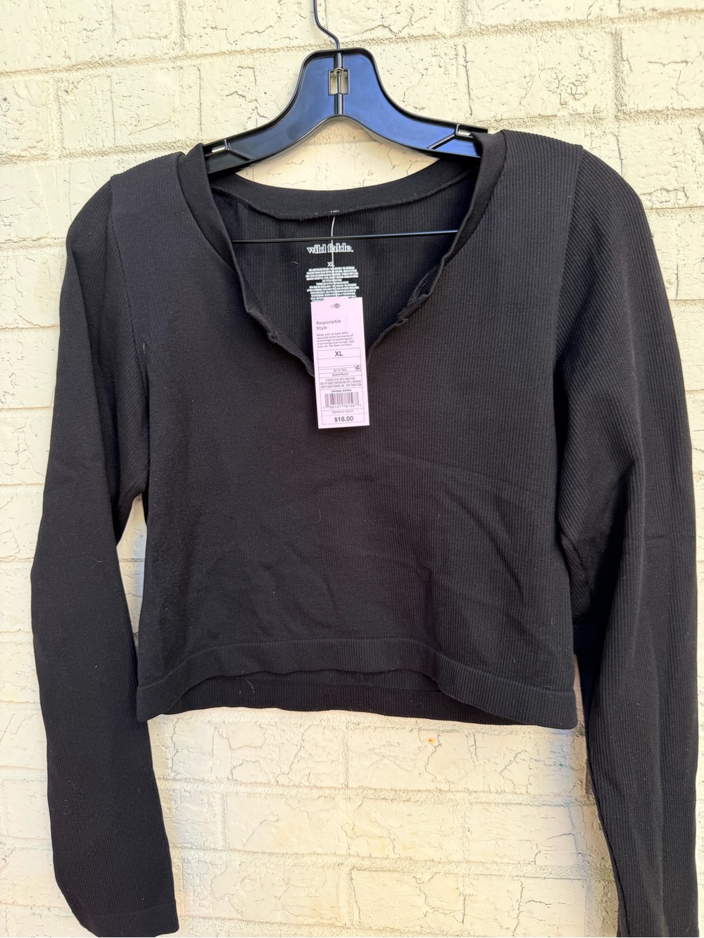 NWT Wild Fable Black Ribbed Hooded Long Sleeve Top XL